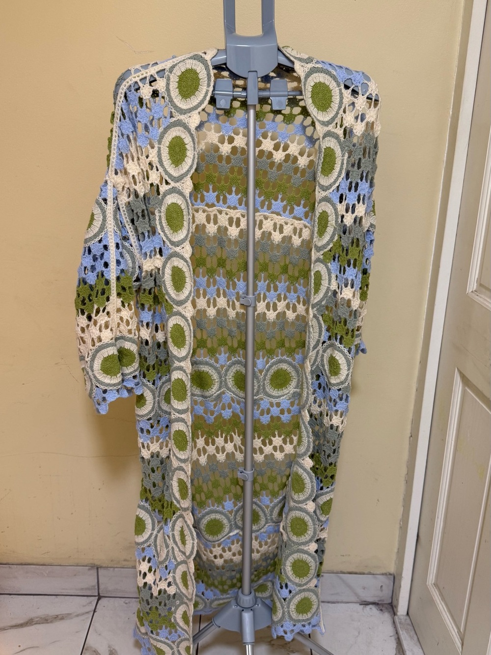 Crochet Open-Front Duster- Blue, Green & Cream